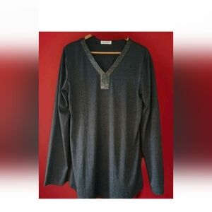 Maner Dark Gray V-Neck Sweater Embellished Neck Line Large